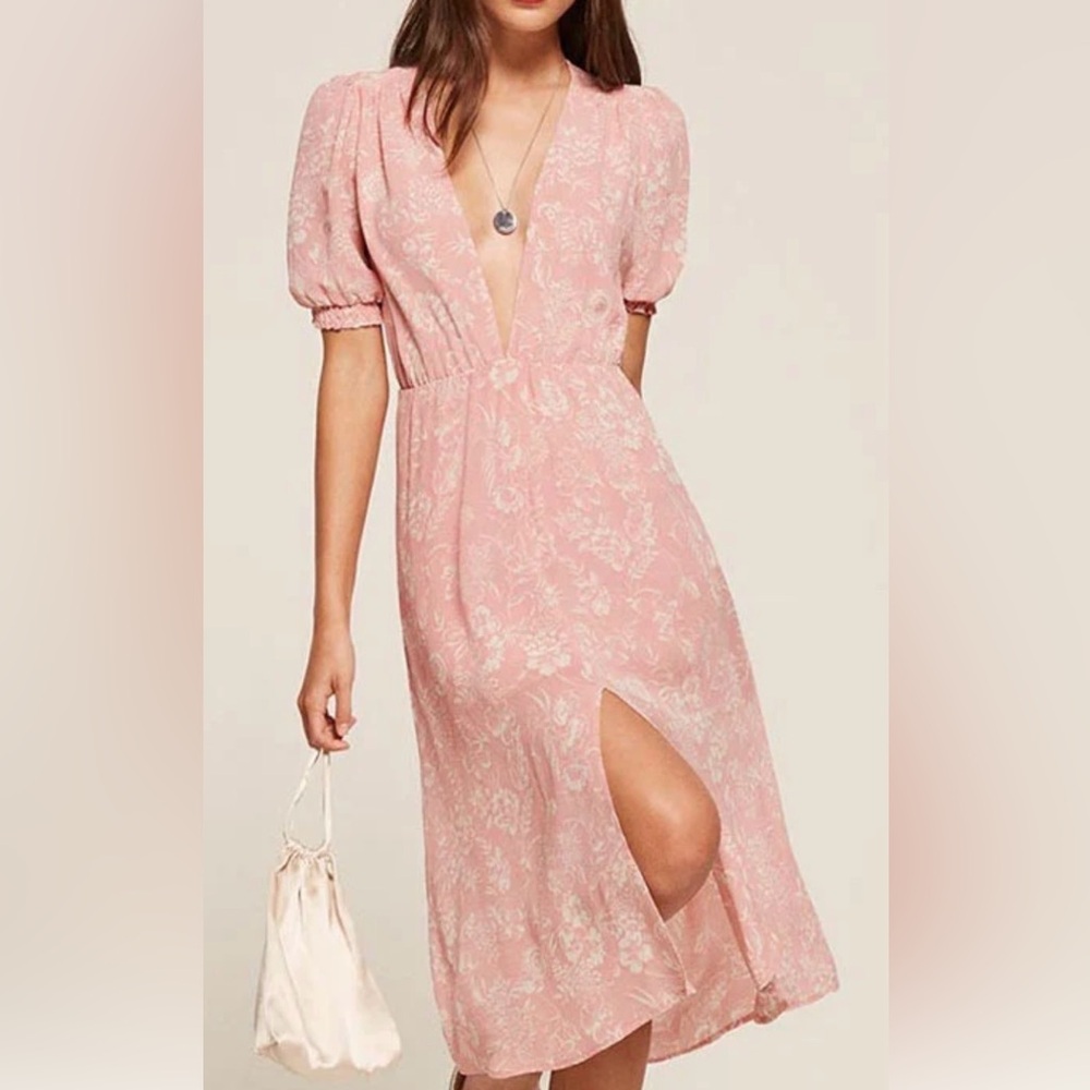 Reformation Pink Floral Midi Dress with V-Neck